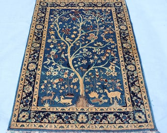 3x5 Türkis Baum des Lebens Teppich, handgemachter afghanischer blauer Wald, kleine Pflanze, Tierbildteppich, Geschenke, Wohnzimmerakzent, Schlafzimmerwand