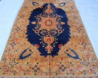 Alfombra de seda afgana hecha a mano de 7x10: diseño Heriz con medallón tejido en azul y dorado