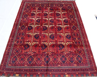 Tappeto afghano annodato a mano 4x6, Bokhara Oriental Turkmeno, Tappeto turco vintage, Area fiore rosso blu, tappeto per soggiorno camera da letto, idea regalo Boho