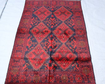 Tappeto antico degli anni '40 3x5 piedi, tappeto afghano morbido pelo rosso blu Baluchi, piccolo tappeto vintage, tappeto tribale turkmeno, tappeto da cucina per camera da letto