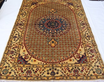 5x7 afghanischer handgeknüpfter Teppich, orientalischer turkmenischer Vintage-Umhang, türkischer Blumenteppich, Gelbgold-Moosgrün, Schlafzimmer Wohnzimmer 5x6, Geschenke