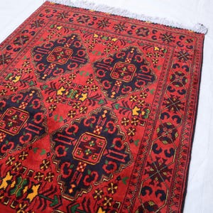 3x5 Small Vintage Rug, Red Afghan Rug, Tekke Kalisaye Bukhara Rug, Handmade Wool Rug, High Pile Super Fine rug, Turkmen Tribal oriental rug