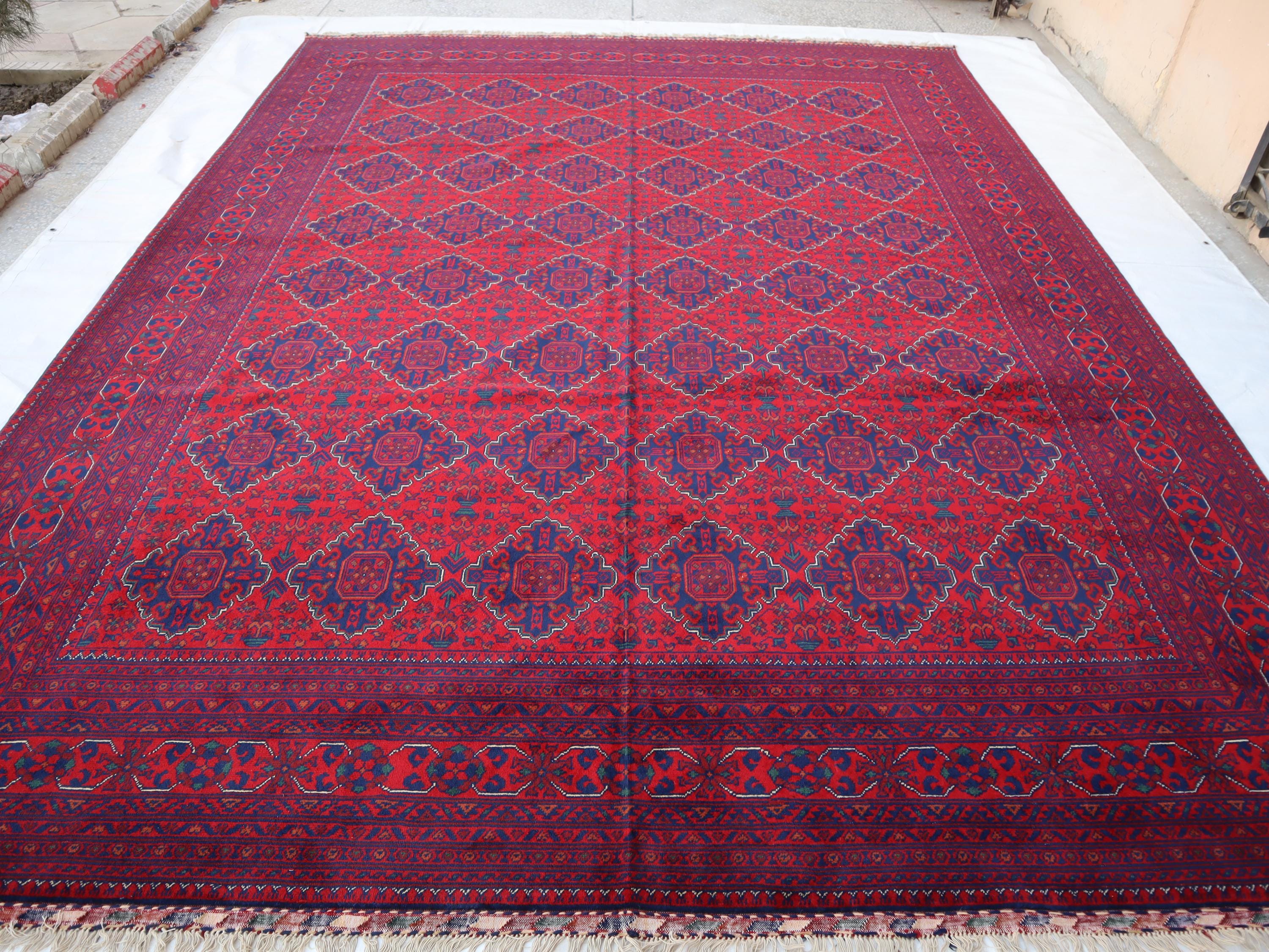 9x12 Ft Large Bokhara Area Rug, Afghan Hand Knotted Wool, Red Turkoman ...