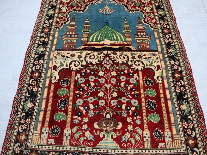 2x4 Turkmen Prayer rug, Afghan Handmade wool rug, Prayer carpet, Red Blue Floral meditation rug, Turkish Muslim Islamic prayer rug gift 3x4