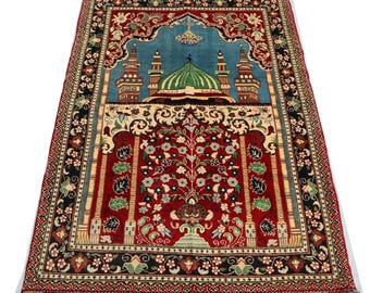 2x4 Turkmen Prayer rug, Afghan Handmade wool rug, Prayer carpet, Red Blue Floral meditation rug, Turkish Muslim Islamic prayer rug gift 3x4