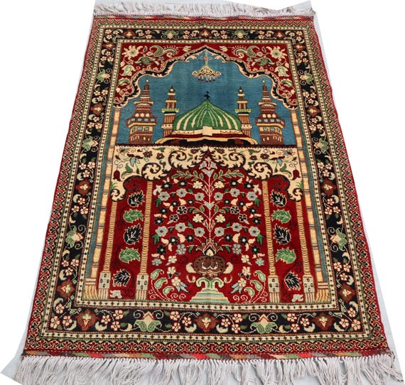 2x4 Turkmen Prayer rug, Afghan Handmade wool rug, Prayer carpet, Red Blue Floral meditation rug, Turkish Muslim Islamic prayer rug gift 3x4