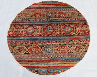 3x3 Gabbeh round rug. Geometric medallion circle rug, Small Tribal Handmade colorful rug, Small red blue rug round wool carpet circular rug