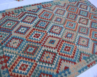 6x9 Vintage Afghan Maimana classic design organic dyed wool hand made flat woven kilim rug, Large Yellow Blue Beige Red rug, living room rug