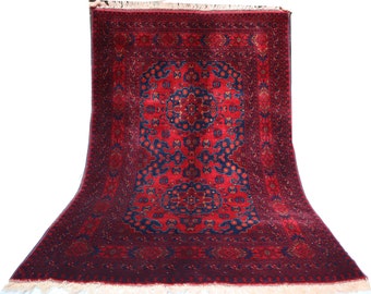 3x5 Hand knotted Rug, Afghan Red Small carpet rug, Vintage Oriental Tribal Accent, Unique Belgic Wool, Bedroom, Rug for living room.