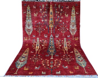 5x7 ft Afghan Gabbeh Rug, Red Birds, Yellow Tree, Handmade Wool