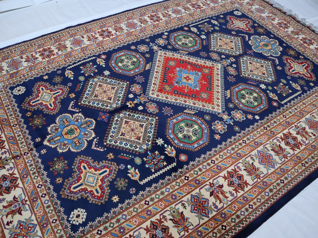 6x10 手織りカザフウールラグ、大きなブルーベージュアフガン幾何学