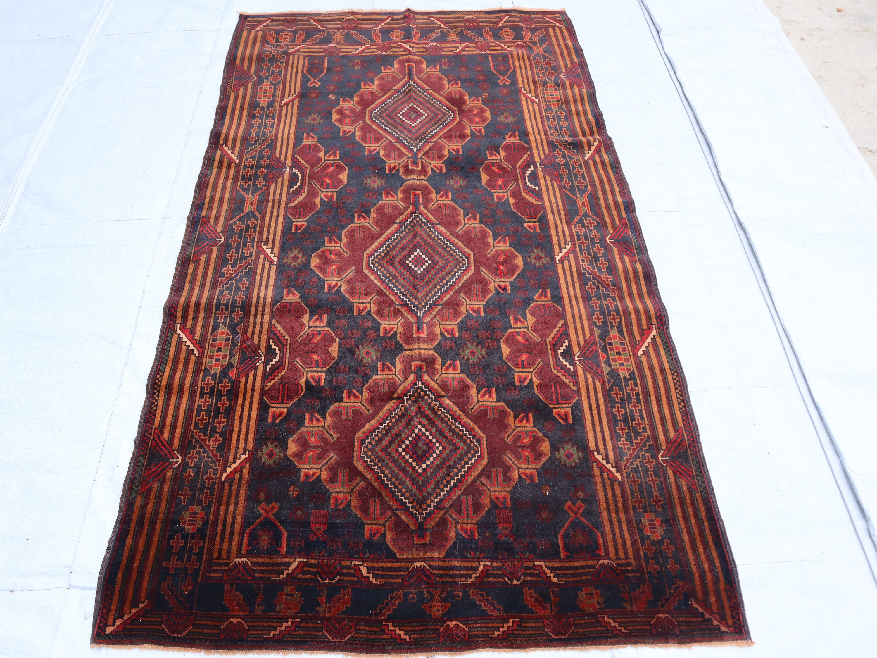 Afghan Vintage Rug 4x7 Ft Geometric Tribal Baluchi Rug/ Turkmen