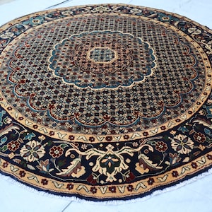 6x6 round rug, Soft pile hand woven Afghan circle rug, large round wool carpet, Gray Blue Red medallion rug, circular rug for living room
