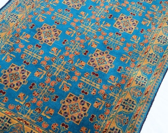 3x5 Natural Blue Turkmen Rug, Afghan Handmade Soft Small Wool Oriental Flower Rug, Turquoise Living Room Bedroom Entryway, Accent Gift Rug.
