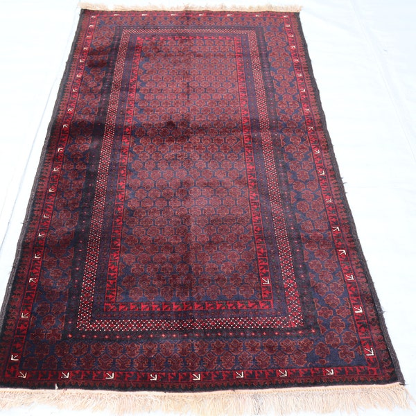 3x6 ft Vintage Rug - Afghan Handmade Wool Rug - Oriental Antique Baluchi Rug - Tribal Turkmen Bukhara Blue Brown Red High pile Unique Rug
