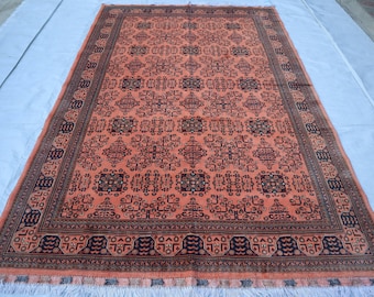Top Quality 7x10 ft Afghan Bukhara Rug, Pink Handmade Beljik Wool Fine Turkmen Tribal, Khal Muhammadi, Bedroom, dining table Carpet, Office