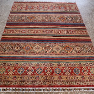 handmade rug 5x6 ft, Afghan Colorful carpet, Wall decor, Striped floor wool tribal, Modern Country, Living room, Mirror idea, dining bedroom