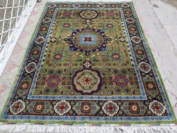 5x7 Moss Green Mamluk Area Rug, Turkish Hand Knotted Woven Wool, Geometric, Medallion Star Rugs for living room - Bedroom carpet, plant rug