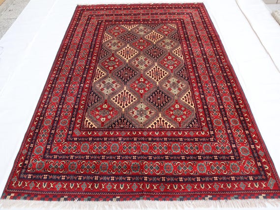 6x9 Pink Rug, Handwoven Afghan Oriental Red Blue Tribal Rug, Large