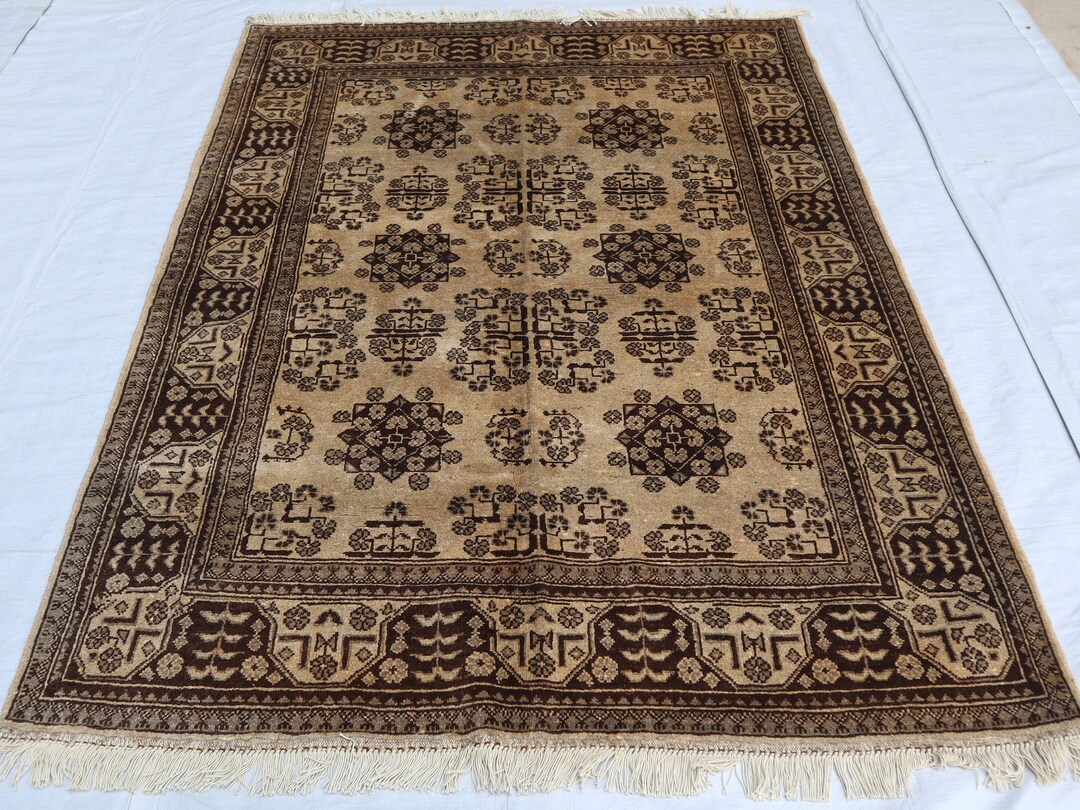 5x6 Beige Gray Bukhara Rug, Afghan Hand Knotted Turkmen Tribal Wool Rug ...