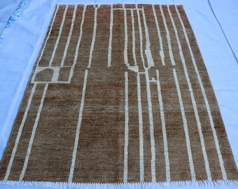 Handmade Afghan Wool Rug, Beige & Gold Beni Qurain, Boho Southwestern (5x7)