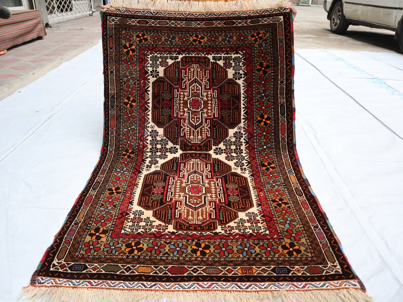 2 x 4 fot antik matta, afghansk handknuten ullmatta, turkmensk 3x5 vintagematta, heminredningsmatta, tribal orientalisk matta, sovrums-vardagsrumsmatta bild 9