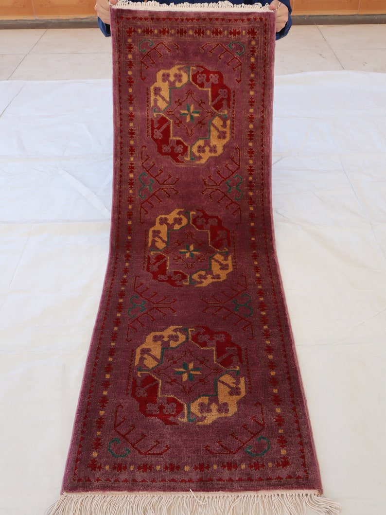 Purple 2x5 Handmade runner rug, Afghan Bokhara wool runner, Turkmen Ersari Tribal Rug, Hallway rug, Oriental Floor, Kitchen Entryway, Gift image 10