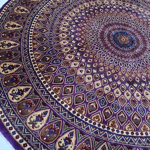 8 ft round rug, Afghan Purple round rug 8x8, Large Colorful round carpet, Circle rug, Area Rugs for living room, medallion Peacock feathers