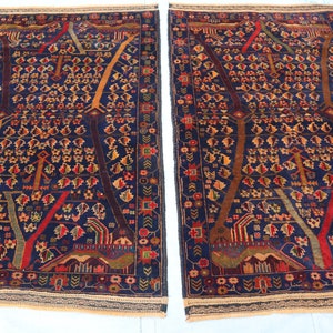 Matching set of Afghan Small Tribal rug 3x4, Vintage Rug, Handmade Wool Antique Baluchi Oriental Blue Brown, Turkmen Bedroom rug Living Room