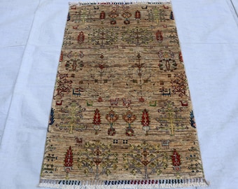 2x4 Afghan Pictorial Gabbeh Rug, Handmade Birds Animal Leaf, Tree of Life, Beige Tribal Turkish oriental Gift rugs for living room, bedroom