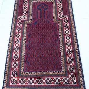 Vintage Prayer Rug 3x4 Afghan Prayer Bukhara Rug / Oriental Turkmen Area Rug, Handmade Wool Rug / Antique Red Muslim Prayer Carpet 2&#39;10X4&#39;11