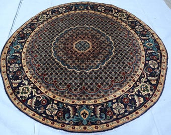 3x3 ラウンドラグ、ターコイズレッドブルーハンドメイドサークルラグ