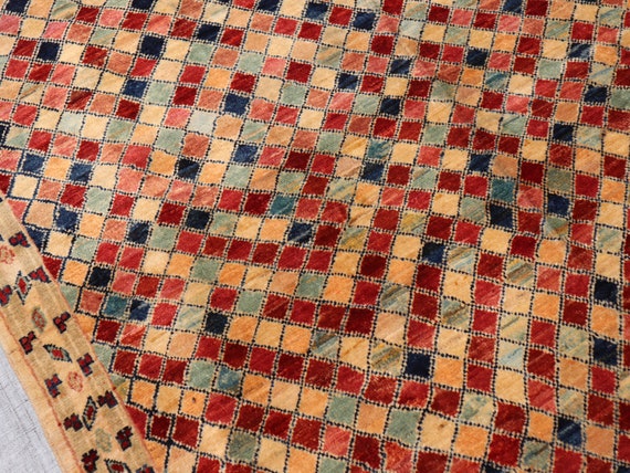 5x7 Gabbeh Colorful area rug, Handmade Checkered Afghan, Cute Oriental Wool Multicolor, Soft High Pile Carpet, Kids room Living Room Kitchen