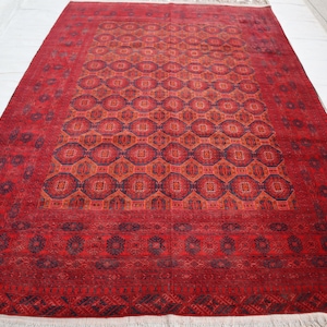 1940s Antique Terracotta Rug 6&#39;5x9&#39;3 ft Afghan Vintage Rug, Hand Knotted Wool Rug, Turkmen Bukhara Tribal Area Rug, Oriental Rug Bedroom Rug