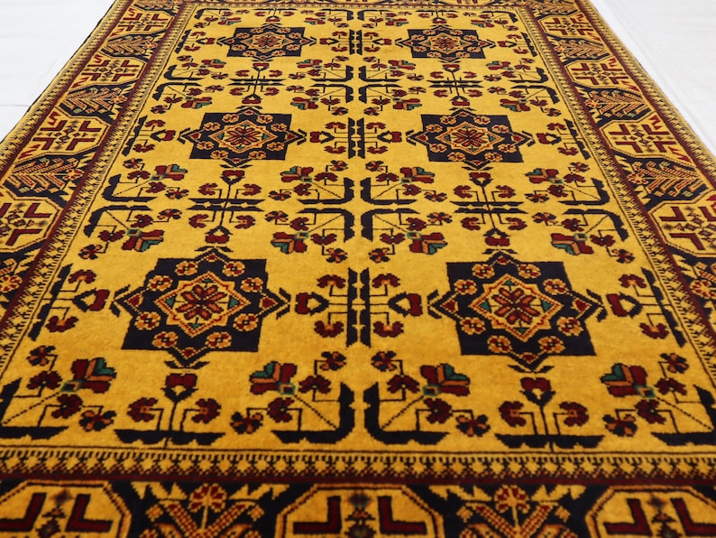 Butter Yellow 3x5 Afghan Bokhara Rug, Tribal Hand Knotted High Pile ...