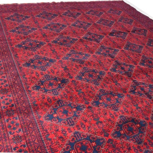 9x12 Ft Large Bokhara Area Rug, Afghan hand knotted Wool, Red Turkoman Tribal, Soft Oriental Turkmen, Bedroom Living Room Aesthetic Carpet,