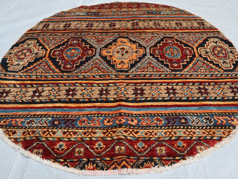 3x3 Colorful Round Rug, Afghan Handmade Circle Rug, Small Striped Round ...