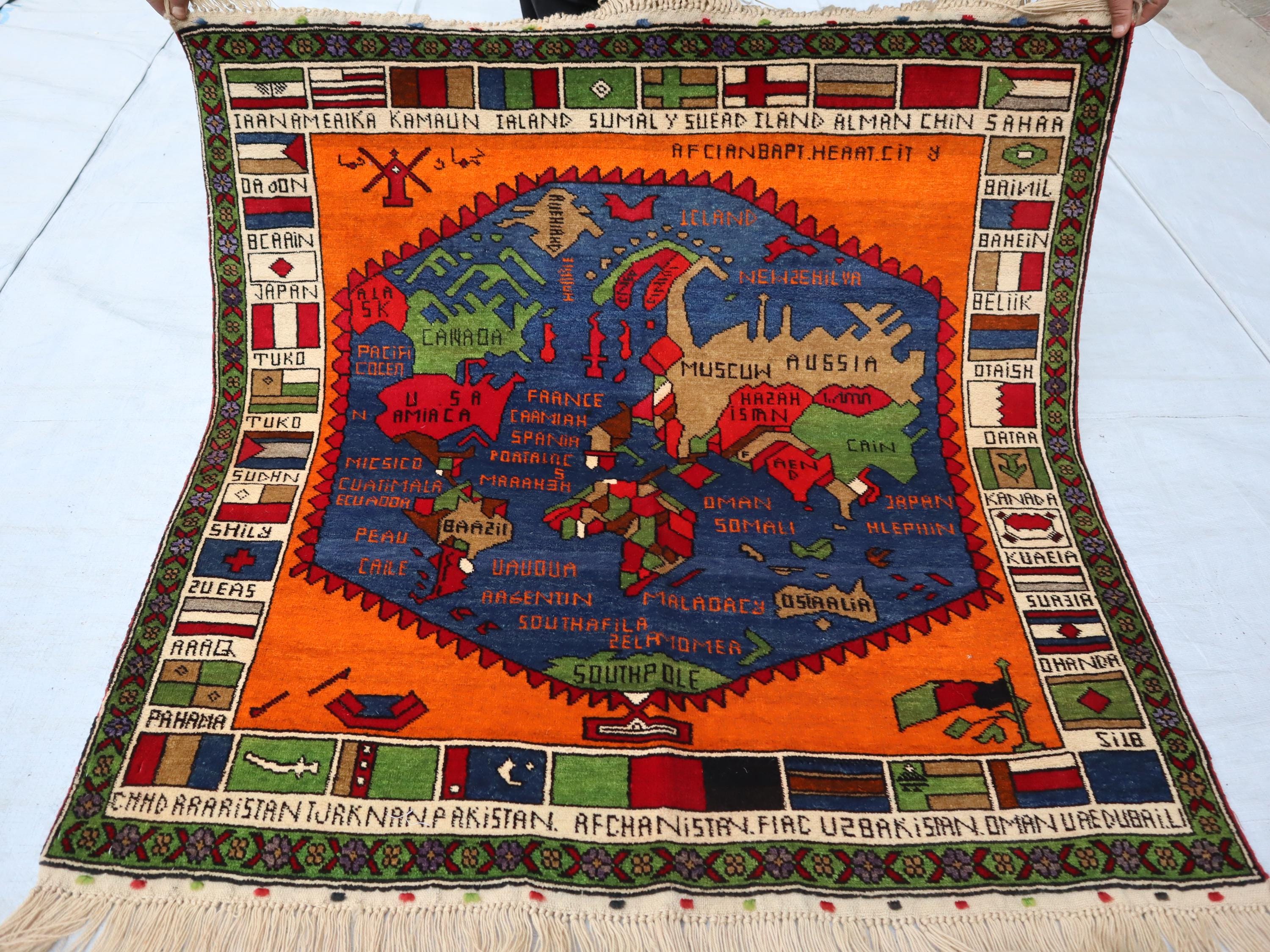 3x3 Vintage Afghan World Map Rug, Handmade Education Square Wall Decor ...