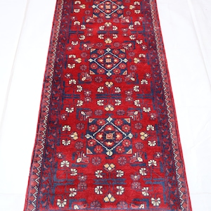 Red 5 ft runner rug, Afghan Geometric Bukhara rug 2&#39;1x5&#39;3 Vintage Flower design Oriental rug, High Pile Wool Fine Turkmen Tribal Carpet 2x5