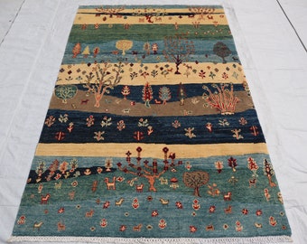 4x6 ft Animal Pictorial Wool Area Rug, Hand Knotted Green Landscape Rug For Living Room Kids, Home Decoration, Office Rug, Rug for Bedroom