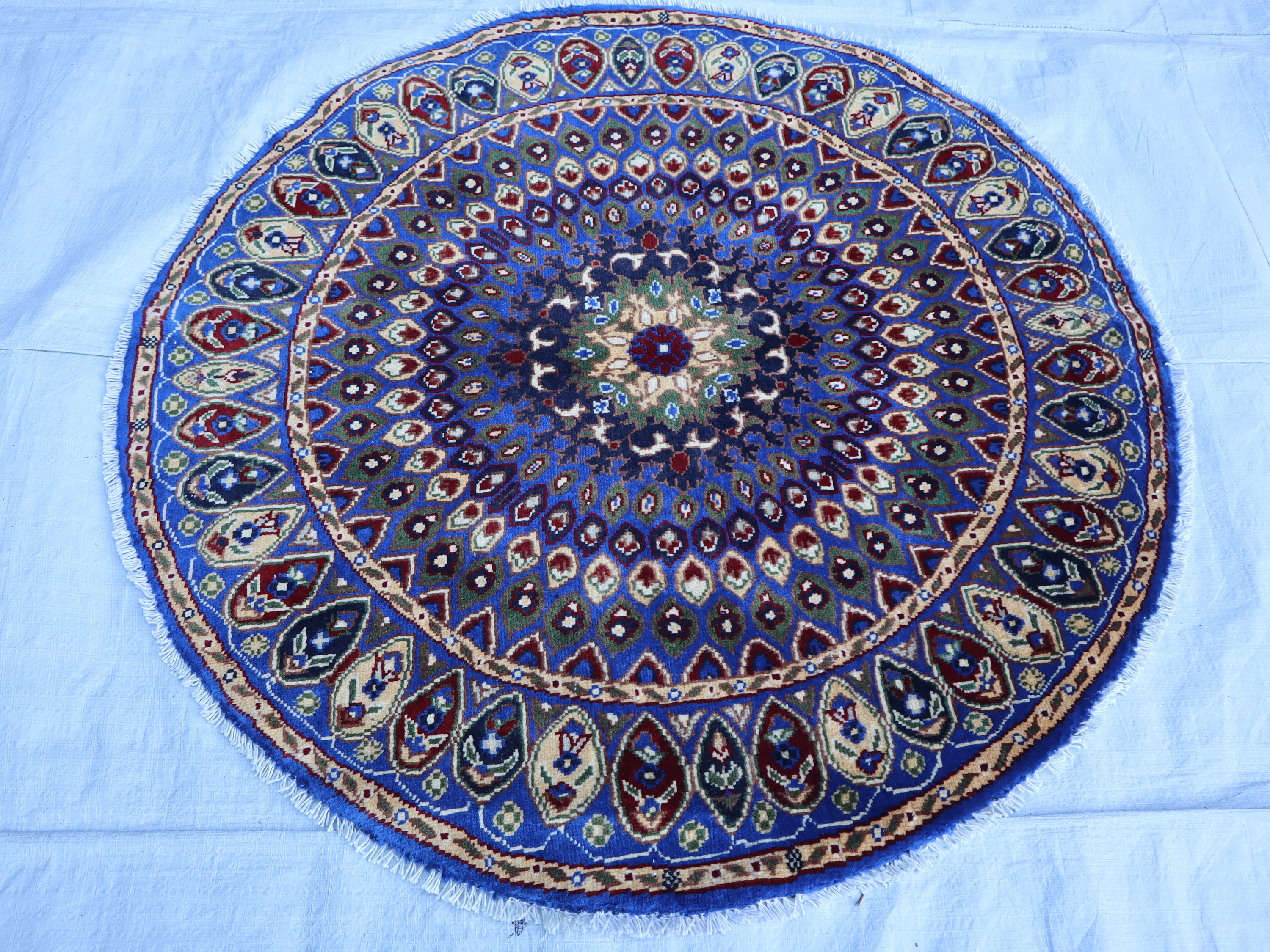 3x3 ラウンドラグ、ターコイズレッドブルーハンドメイドサークルラグ