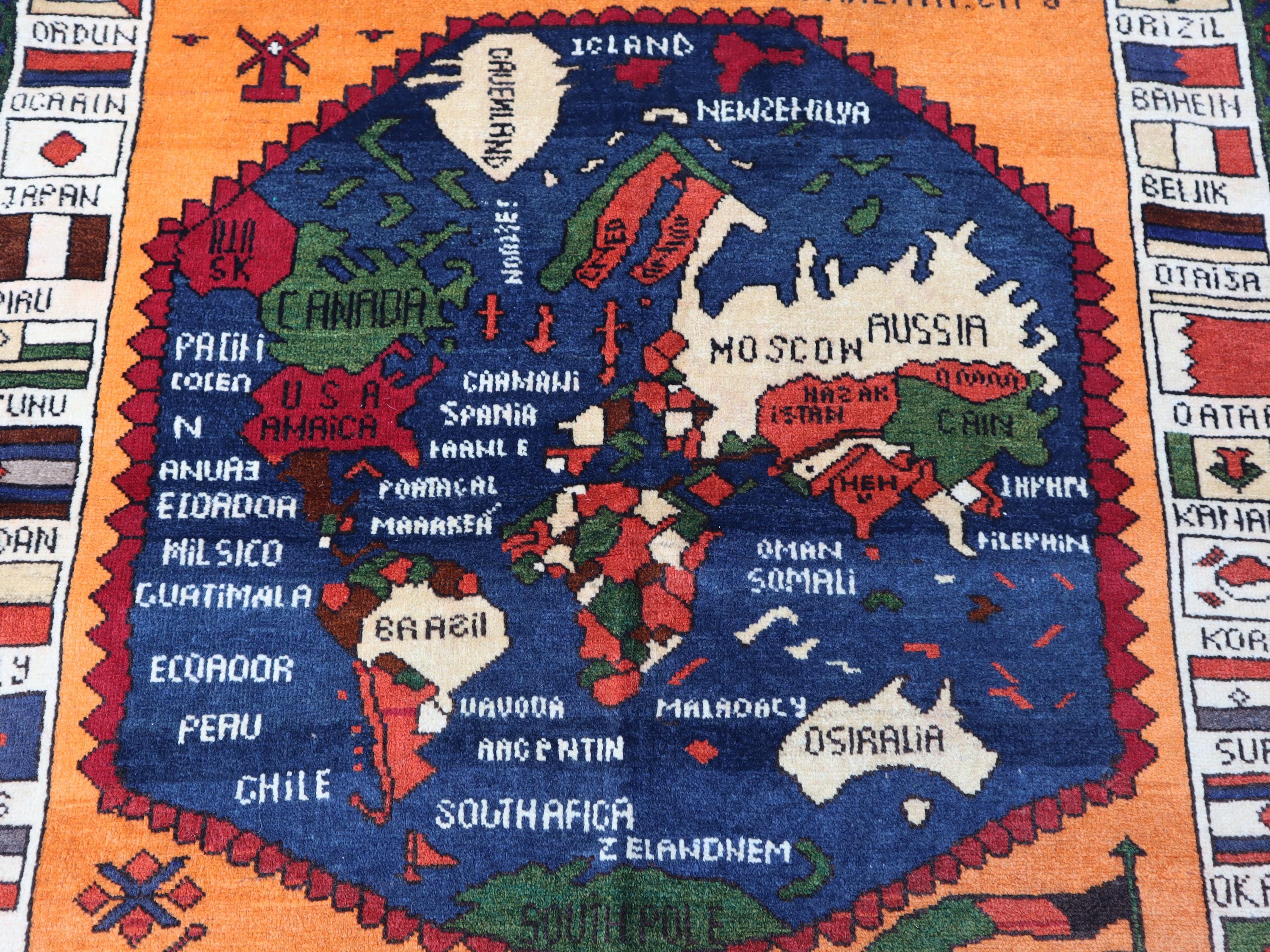 Vintage Afghan World Map Rug 3x3, Handmade Education Square Wall Decor ...