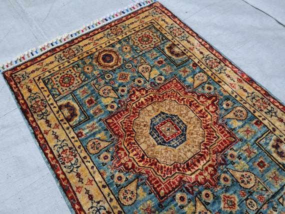 2x4 Blue Mamluk Rug, Turquoise Blue Beige Hand Knotted Veg dyes Wool Turkish Area Rugs for living room, Bedroom rug, Medallion rug 2'8x3'11