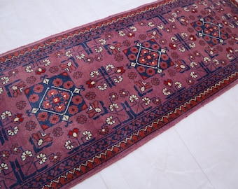 Purple 2x5 Afghan Bukhara runner rug, Handmade wool rug, Turkmen Bokhara 5 ft Runner Rug, Oriental Rug, Floor Runner Kitchen, Hallway runner