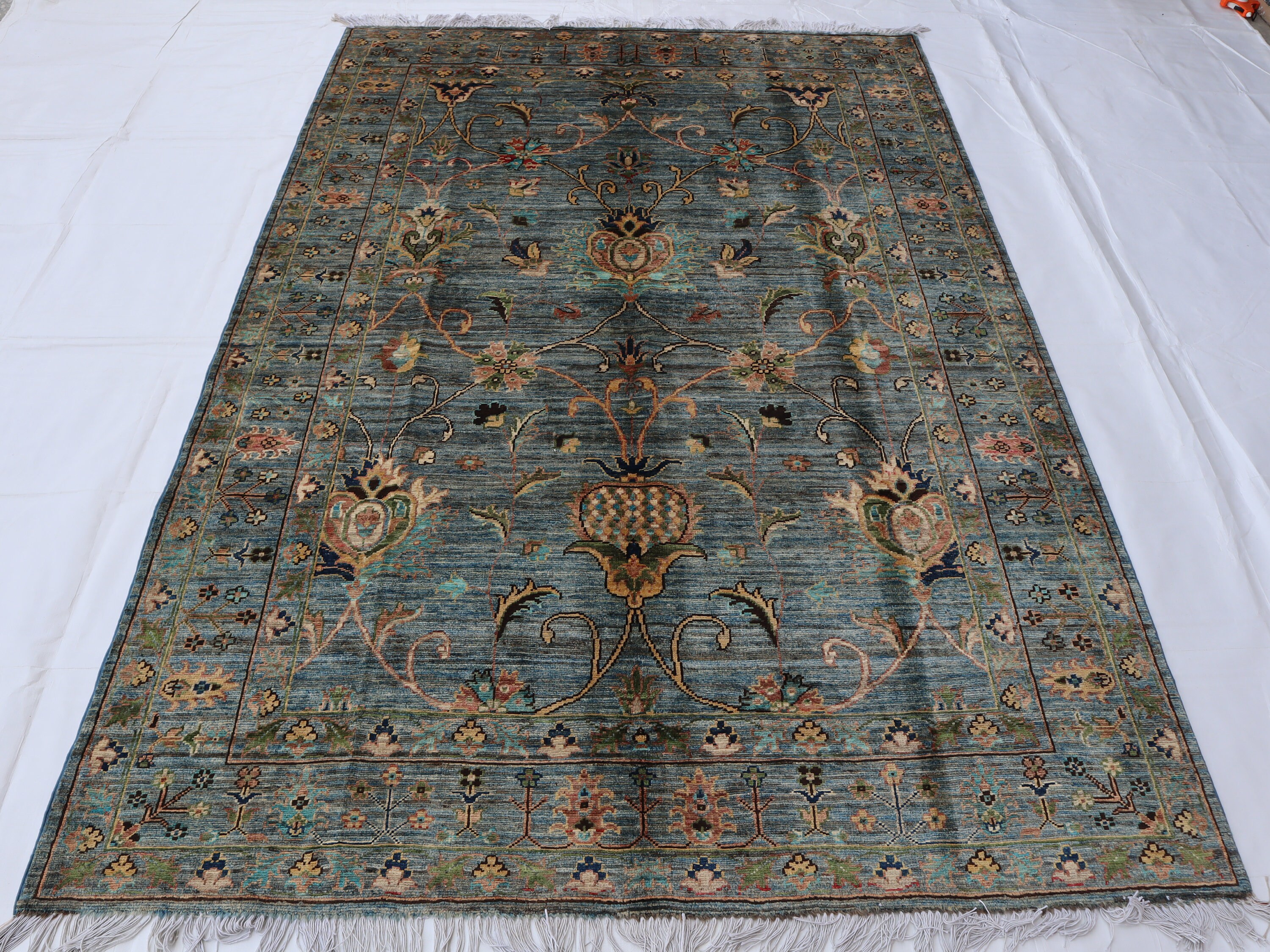 アフガンラグ52×95cm 5x7 ライトブルー アフガン チョビ ラグ、グレー テラコッタ