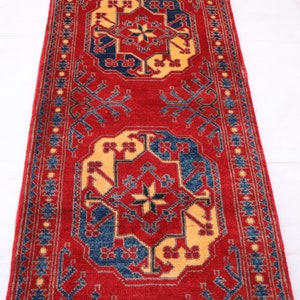 Red 2x5 Afghan Bukhara runner rug, Handmade wool rug, Turkmen Ersari 5 ft Runner Rug, Elephant foot Oriental Floor, Kitchen, Hallway runner