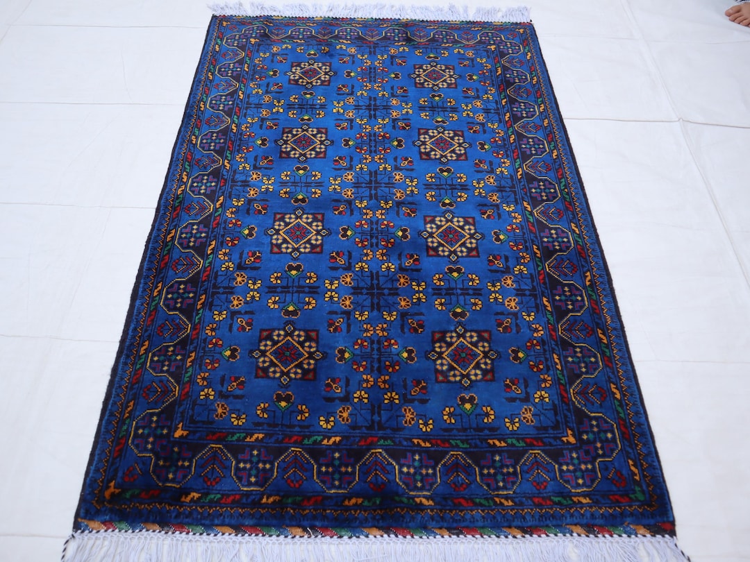 3x4 Blue Afghan Bokhara Rug, Hand-knotted Wool Carpet, Tribal Medallion ...
