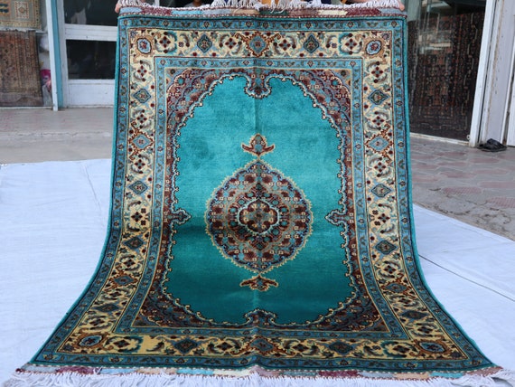 3x4 Blue Turquoise Aesthtic Area Rug, Afghan Handmade Rug, Small