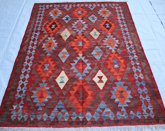 Tappeto Kilim da 5 x 6 piedi, rosso blu arancione, tessuto piatto moderno boho, afgano fatto a mano, lana tinta naturale, orientale tradizionale Kilim, tappeto colorato per camera da letto