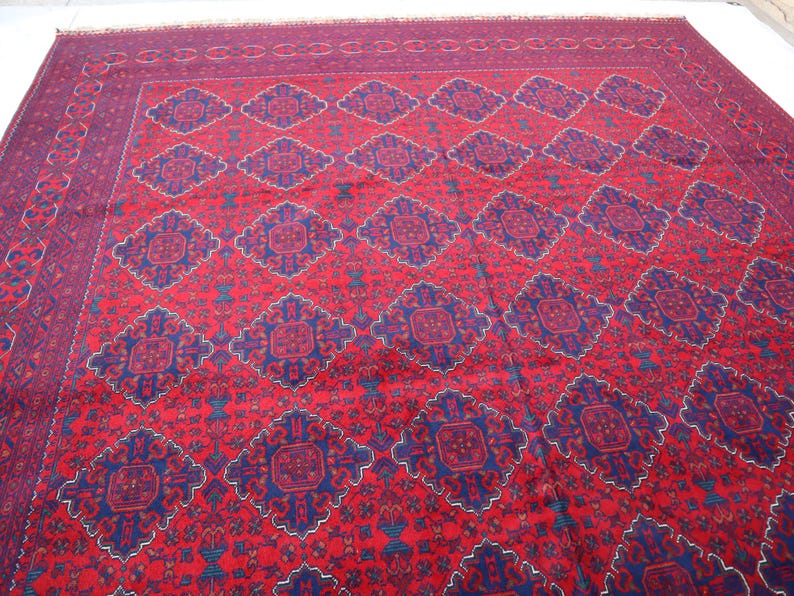 9x12 Ft Large Bokhara Area Rug, Afghan Hand Knotted Wool, Red Turkoman ...